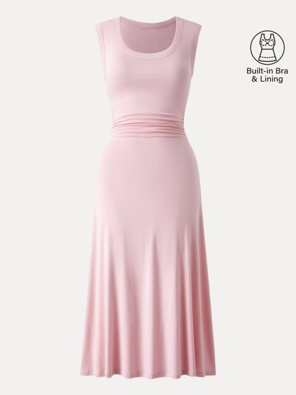OGL Eco-SkinKiss® Scoop Neck Side Ruched New Airy Bra Midi Dress In Light Pink